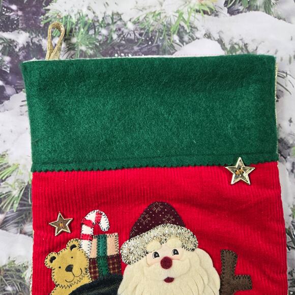 Vintage Old World Santa Red Corduroy Christmas Stocking Applique Star Buttons - Picture 10 of 13